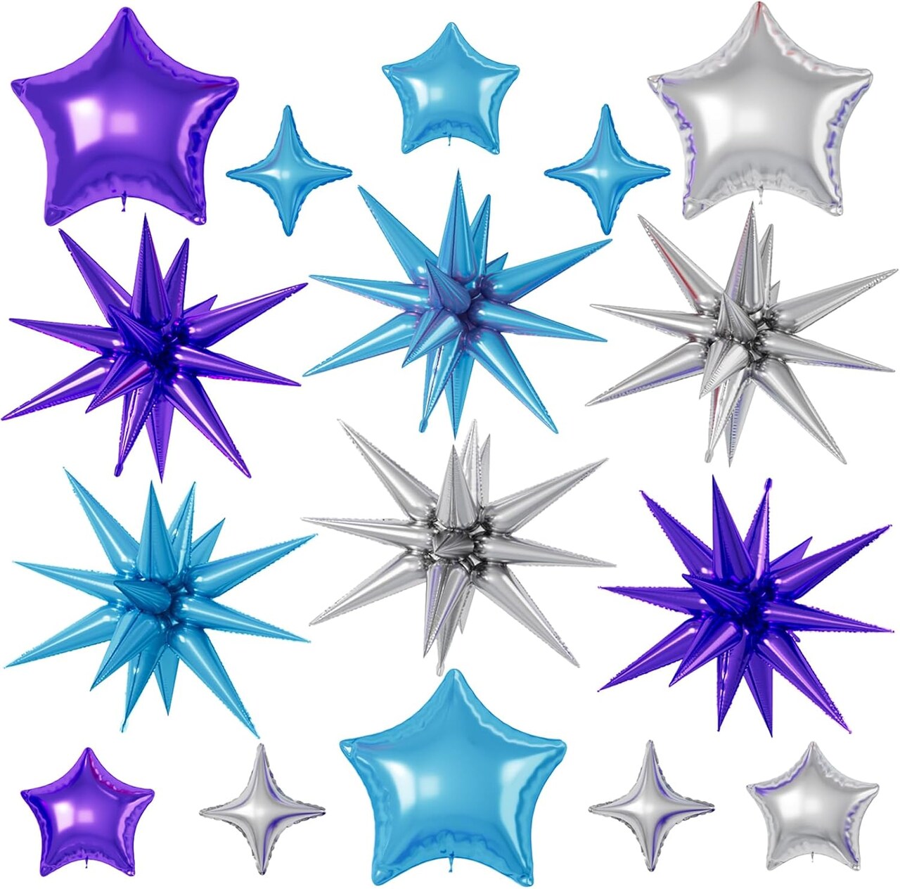 Blue Purple Silver Star Balloons, 16 Pcs 22/18/10 Inch Star Foil Mylar Balloons, Explosion Cone Four-Pointed Balloon for Boy Men Birthday Graduation Wedding Baby Shower Galaxy Space Party Decorations